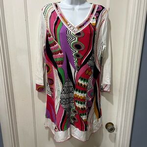 Parsley & Sage V-Neck Abstract Print Tunic — Pink, Purple, Green & Black